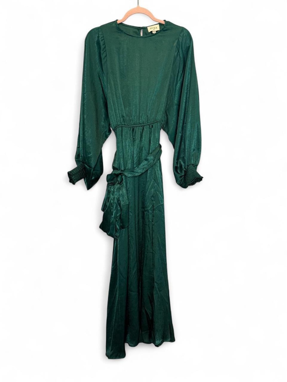 NWOT Aura Elegant Emerald Green Shimmer Satin Long Sleeve Maxi Dress XS Holiday